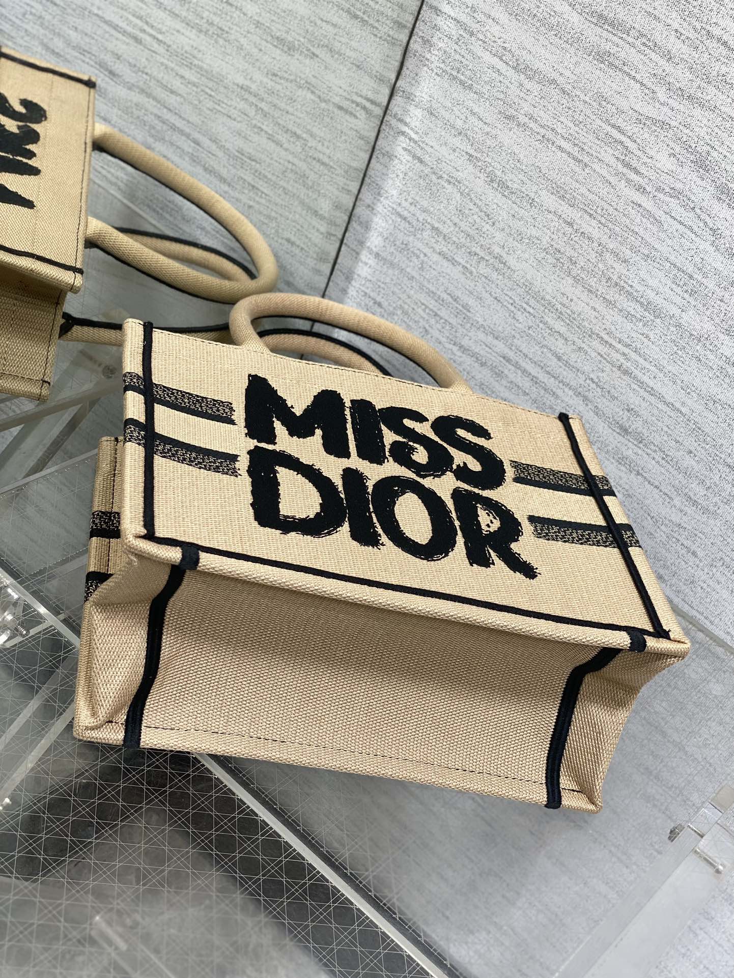 Small Dior Book Tote Bag Beige and Black Miss Dior Graffiti Embroidery